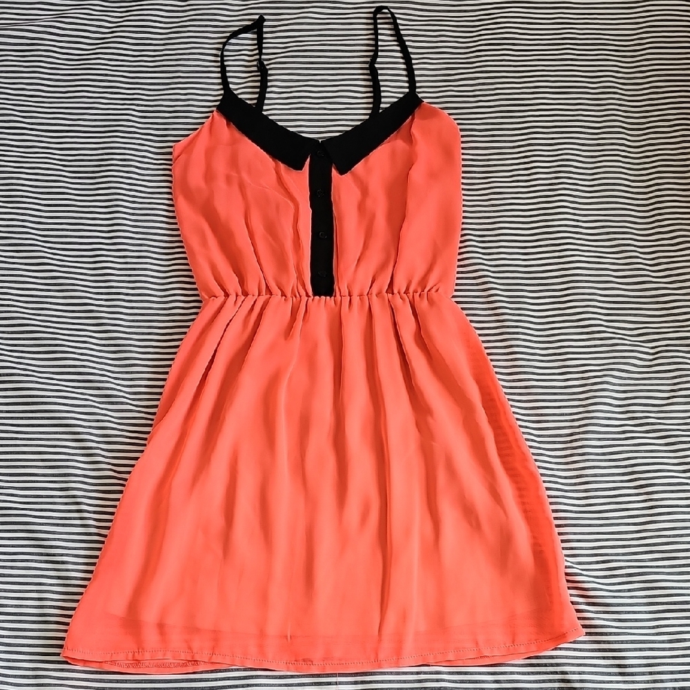 Neon Coral Strappy Mini Dress with Black Trim